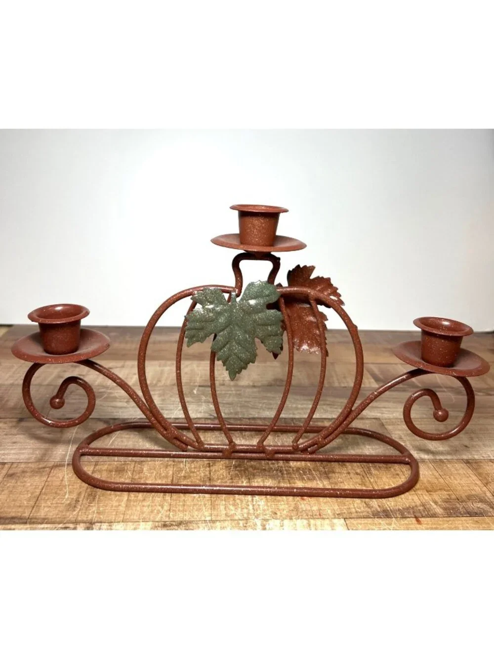 Pumpkin-Shaped Metal Candle Holder With Autumn Leaf Accents For 3 Taper Candles
